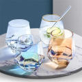 Transparent Gold Rim Glass Cup, Creative Diamond Six-Sided Glass Cup